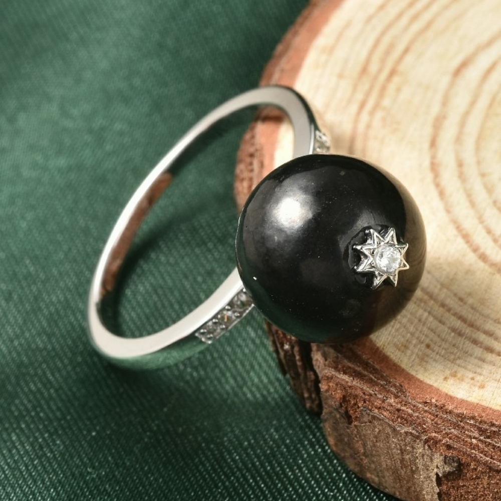 *Sold* NWT Shungite and Natural White Zircon Celestial Theme Inspired Ring Sz 5